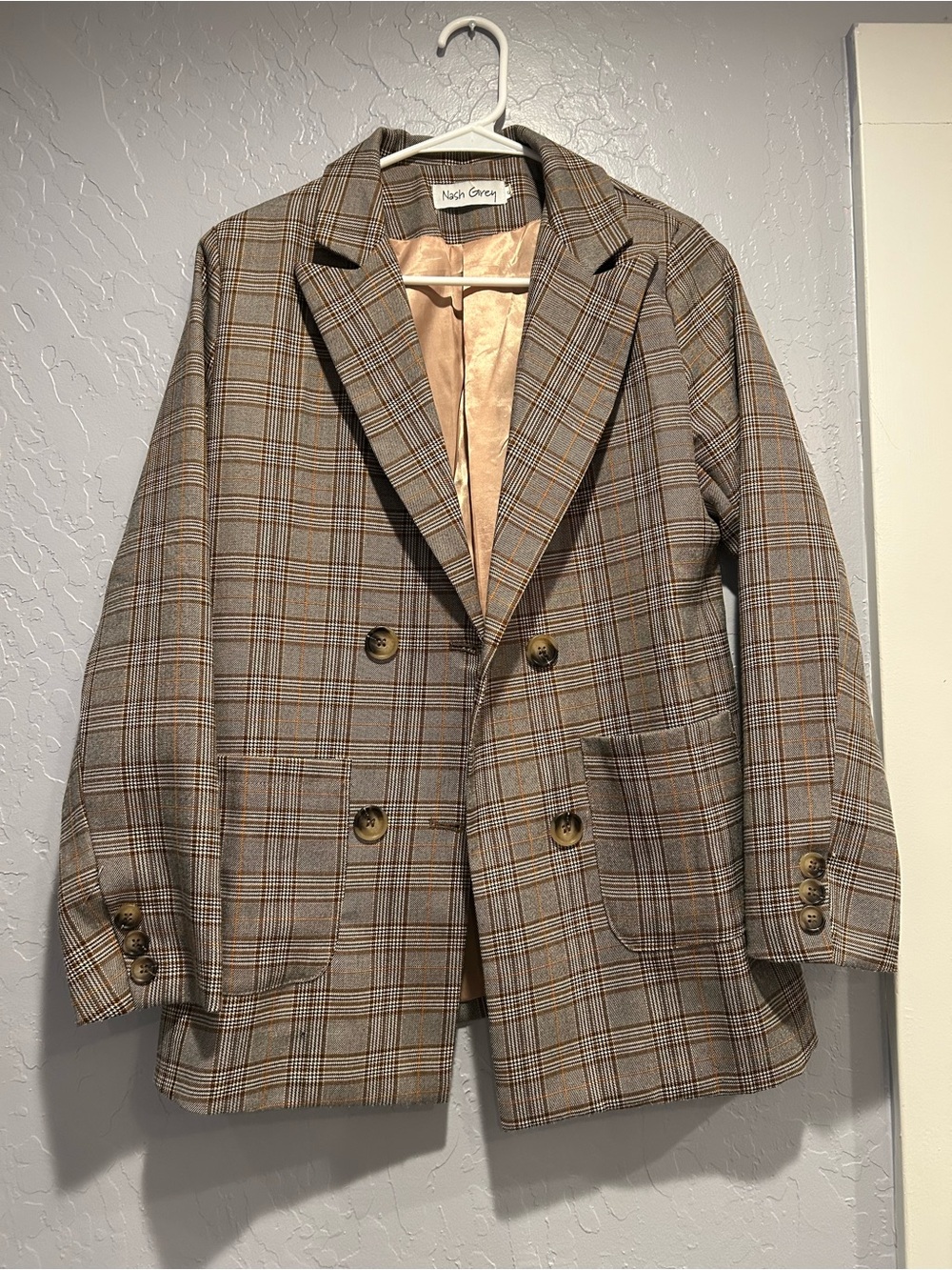 Plaid Double-Breasted Blazer in Brown and Gray by